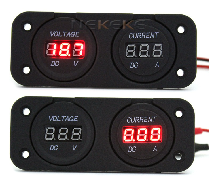 车载LED红灯数字显示电压表电流表二合一带双孔面板配螺丝和端子