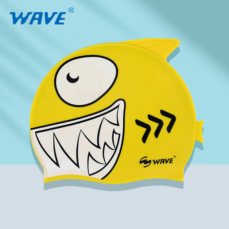 wave专业促销儿童宝宝硅胶不勒头游泳帽防水可爱鲨鱼卡通学生泳帽