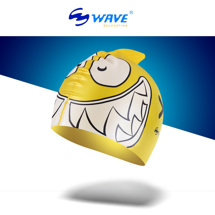 wave专业促销儿童宝宝硅胶不勒头游泳帽防水可爱鲨鱼卡通学生泳帽