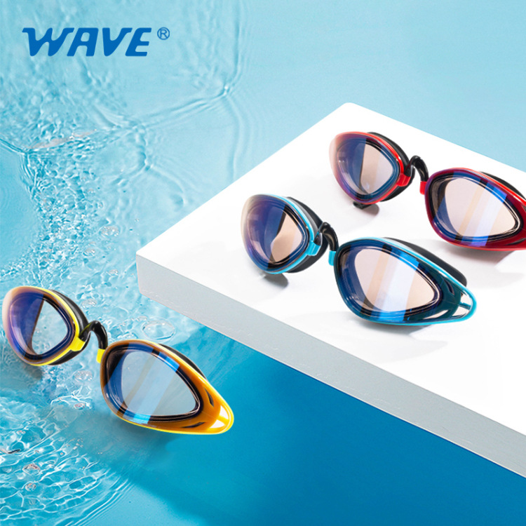 wave专业折叠式成人游泳眼镜 防雾训练竞赛大框硅胶防水电镀泳镜