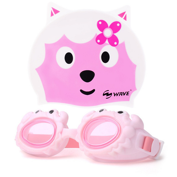 WAVE跨境儿童大框高清游泳眼镜板防水防雾泳帽套装男女童卡通泳镜