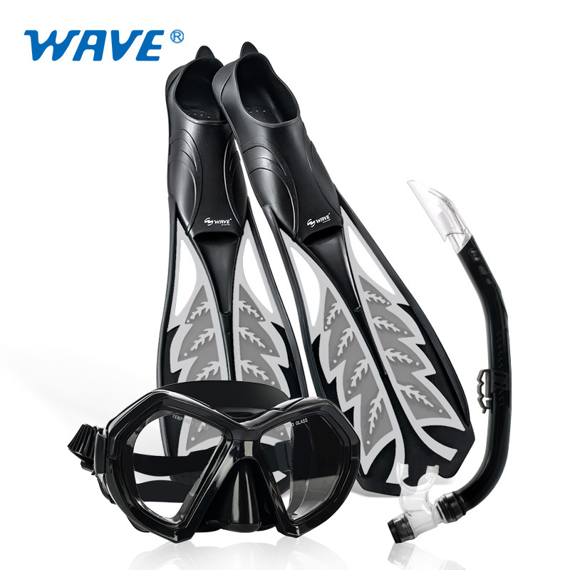 wave自由潜脚蹼套装 可调节面镜浮潜蛙鞋半干式呼吸管潜水三件套