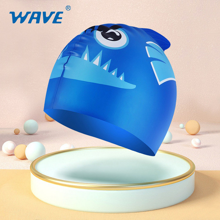 wave专业促销儿童宝宝硅胶不勒头游泳帽防水可爱鲨鱼卡通学生泳帽