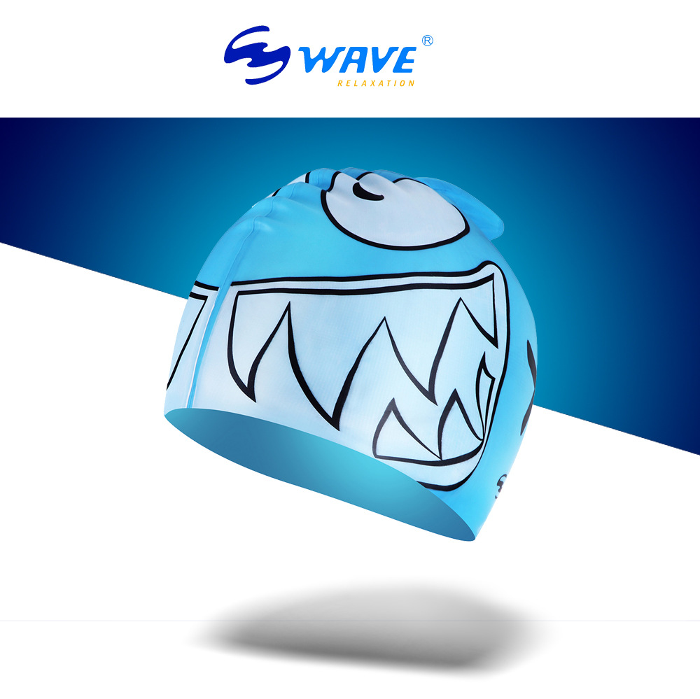 wave专业促销儿童宝宝硅胶不勒头游泳帽防水可爱鲨鱼卡通学生泳帽