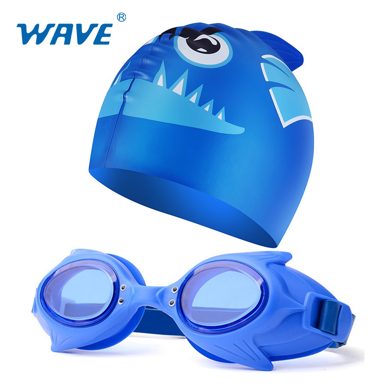 WAVE跨境儿童大框高清游泳眼镜板防水防雾泳帽套装男女童卡通泳镜